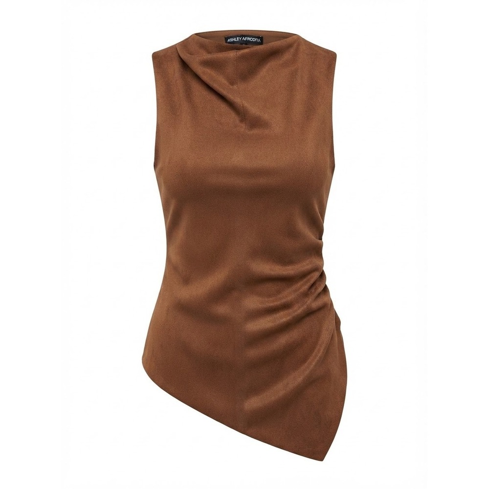 Naked Wardrobe Faux Suede Ruched Top Womens Size M Brown Asymmetrical NWT